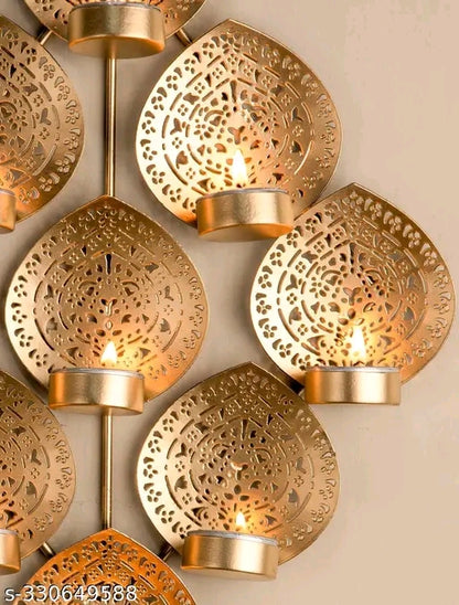 Royal Gold Wall Tealight Candle Holder – 9 Cup Leaf Design