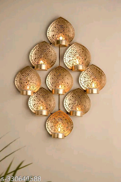 Royal Gold Wall Tealight Candle Holder – 9 Cup Leaf Design