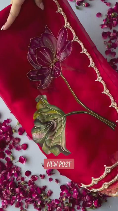Pure Soft Teby Silk Saree with Digital Floral Print & Moti Cutdana Work Border