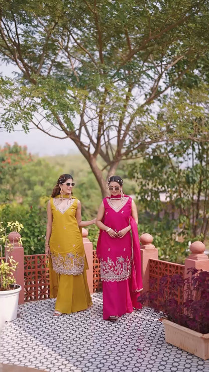 Haldi Special Designer Kurti Plazzo Dupatta Set with Moti & Embroidery Work