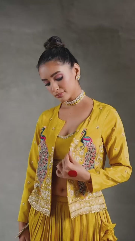 Festival Special Chinon Crop Top Lehenga with Embroidered Jacket (Yellow)