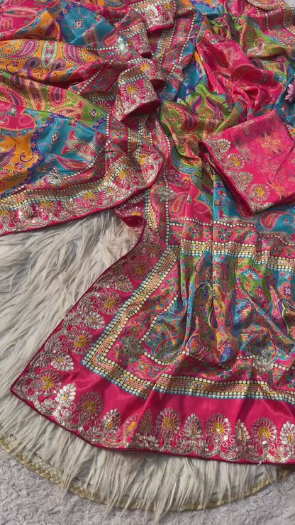 Latest Chinon Digital Print Kalamkari Inspired Saree with Gotapatti Work