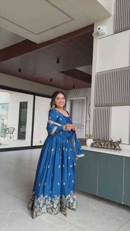 Premium Designer Embroidered Chinnon Gown with Dupatta – Royal Blue & Wine