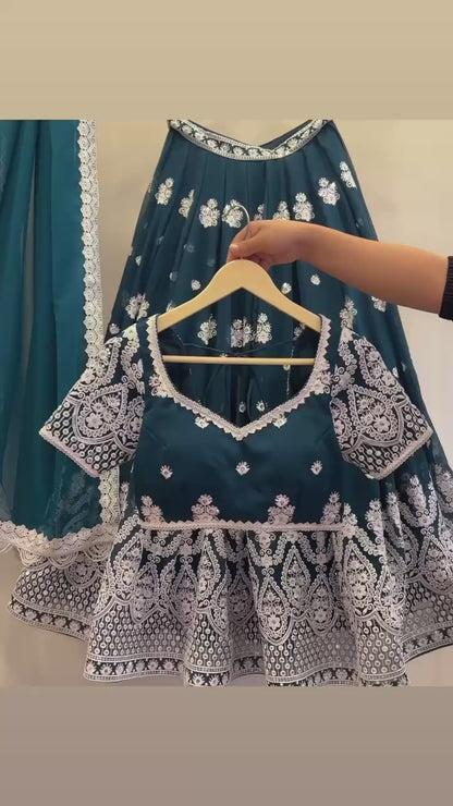 Premium Japan Satin Embroidered Lehenga Choli with Net Dupatta (Semi-Stitched)