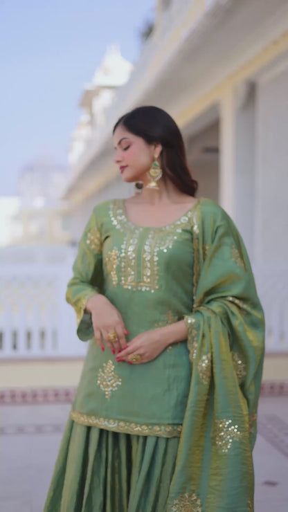 Premium Designer Fendi Crush Top Sharara Dupatta Set with Zari & Sequins Work – Mehendi Green & Copper Brown