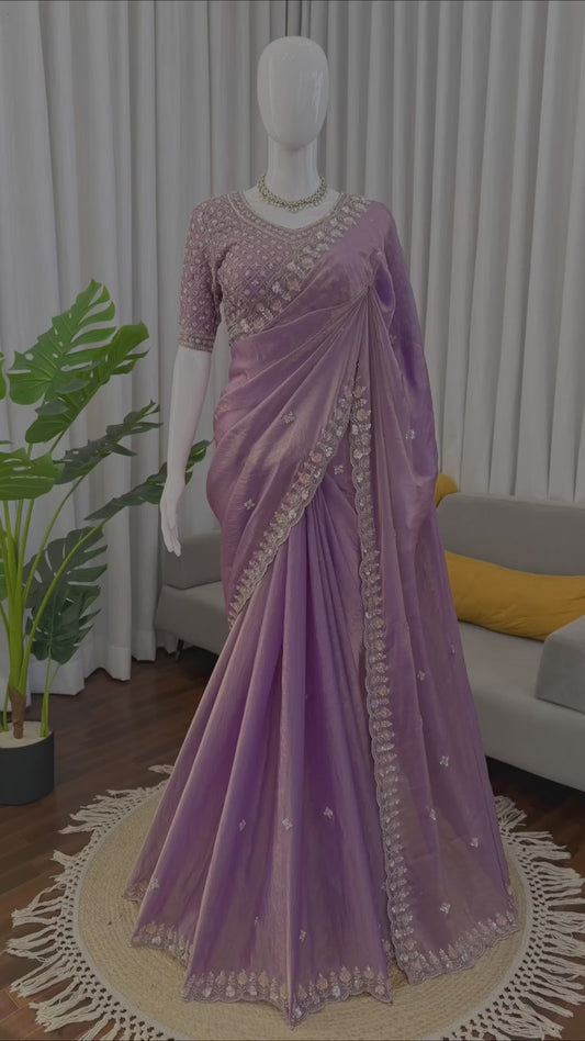 Women Lavender Fendy Silk Heavy Beads & Sequins Embroidered Designer Saree