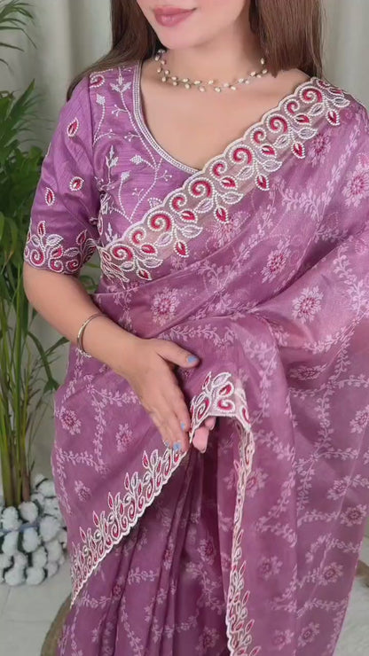 Barfi Cotton Satin Embroidered Saree with Designer Blouse