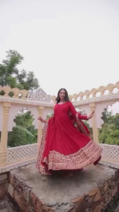 Red Fox Georgette Embroidered Anarkali Gown with Dupatta (Fully Stitched)