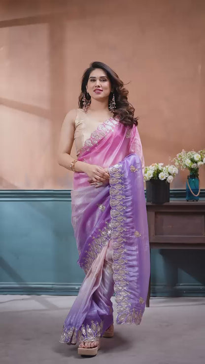 Gold Crush Silk Embroidery Work Saree with Gota Patti Blouse | Multi Tone Party Wear Saree