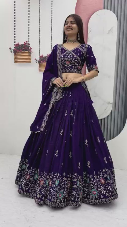 Festival Wear Heavy Embroidery Vichitra Silk Lehenga Choli Set | Red & Purple