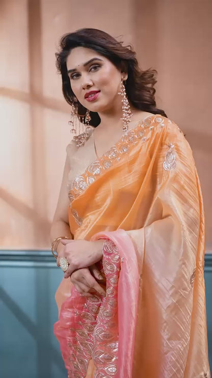Gold Crush Silk Embroidery Work Saree with Gota Patti Blouse | Multi Tone Party Wear Saree