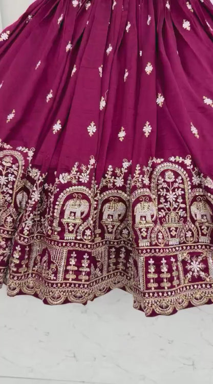 Maroon Heavy Embroidery Vichitra Silk Lehenga Choli