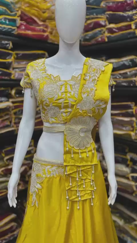 Yellow Royal Satin Embroidery Coding Work Lehenga Choli with Fancy Latkan Dupatta