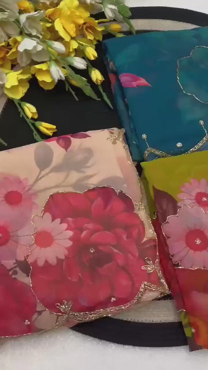 Soft Pure Georgette Digital Print Handwork Saree with Fancy Border