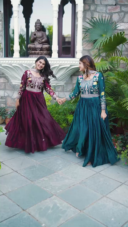 Elegant Festival Wear Fendy Silk Long Gown with Embroidered Dupatta