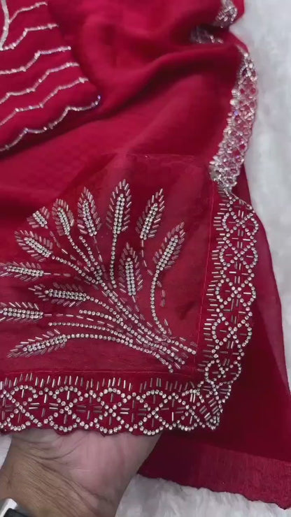 Pure Two Tone Fandy Satin Swarovski Work Partywear Saree with Jacquard Blouse