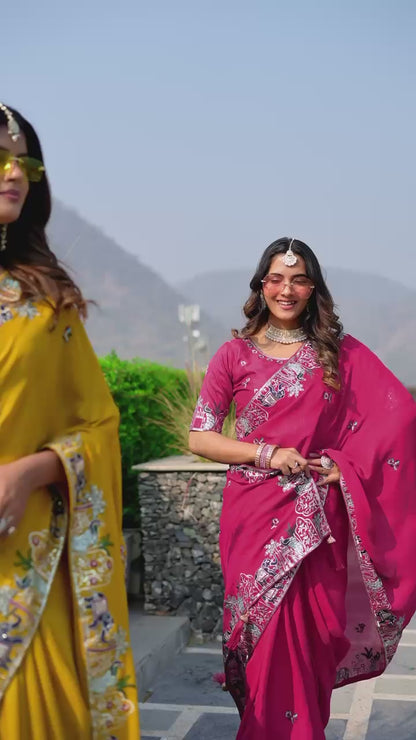 Pure Satin Chiffon Embroidery Wedding Saree with Latkan & Mono Silk Blouse – Festival Special