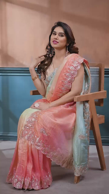 Gold Crush Silk Embroidery Work Saree with Gota Patti Blouse | Multi Tone Party Wear Saree