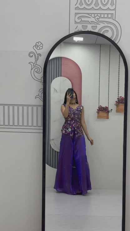 Purple Tissue Embroidery Palazzo Set with Dupatta
