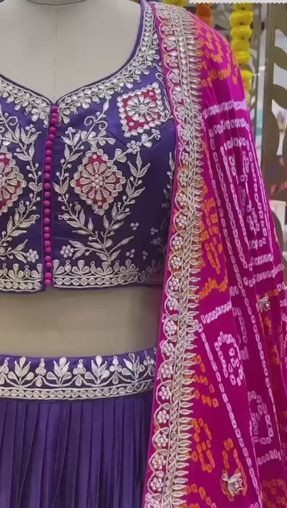 Purple Chinon Embroidery Lehenga Choli with Gotta Patti Work | Full Stitched