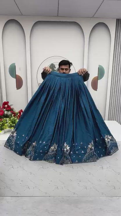 Teal Blue Crepe Silk Embroidered Lehenga Choli Set
