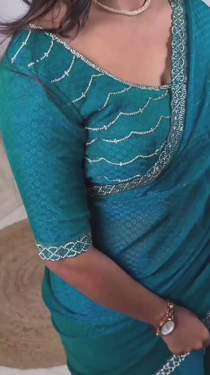 Pure Two Tone Fandy Satin Swarovski Work Partywear Saree with Jacquard Blouse