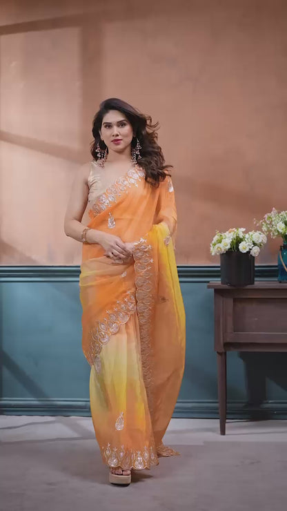 Gold Crush Silk Embroidery Work Saree with Gota Patti Blouse | Multi Tone Party Wear Saree