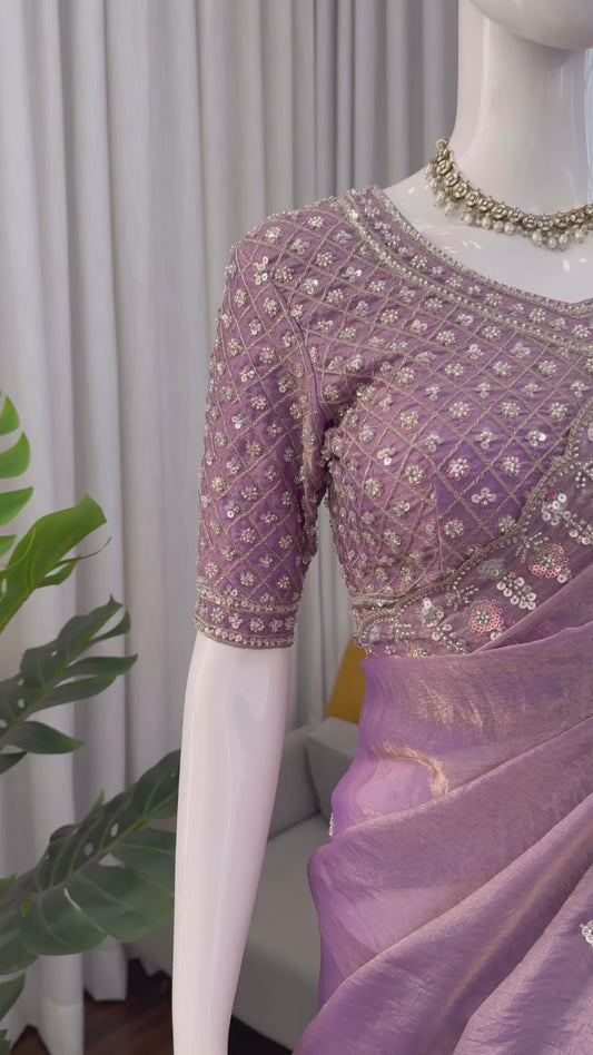 Women Lavender Fendy Silk Heavy Beads & Sequins Embroidered Designer Saree