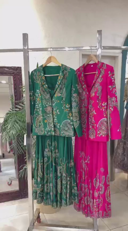 Designer Party Wear Embroidery Jacket Palazzo Set – Heavy Chinon 3 Piece Outfit