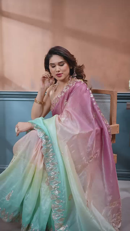 Gold Crush Silk Embroidery Work Saree with Gota Patti Blouse | Multi Tone Party Wear Saree