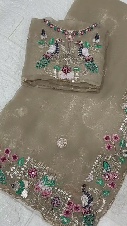 Multi thread Embroidered party Wear saree