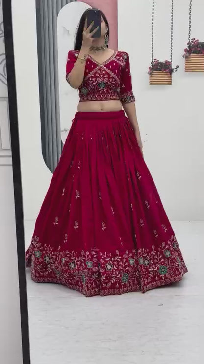 Festival Wear Heavy Embroidery Vichitra Silk Lehenga Choli Set | Red & Purple