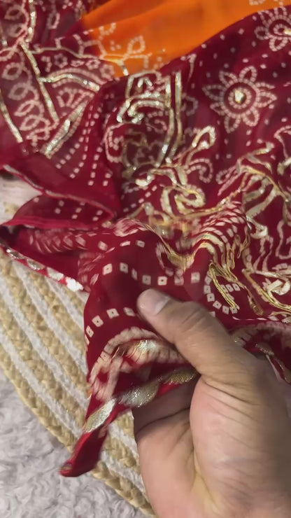 Traditional Georgette Bandhej Piliya Saree with Red Pallu & Kacchi Gota Patti Work