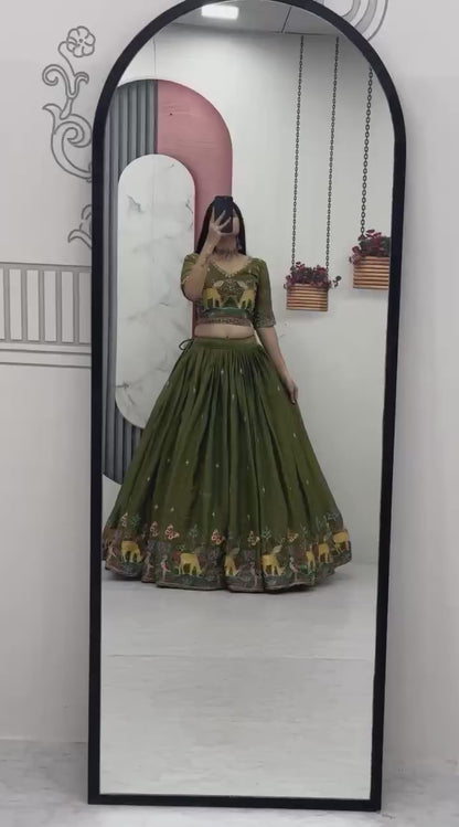 Festival Special Heavy Embroidered Moss Simar Lehenga Choli with Dupatta | Orange & Olive Green