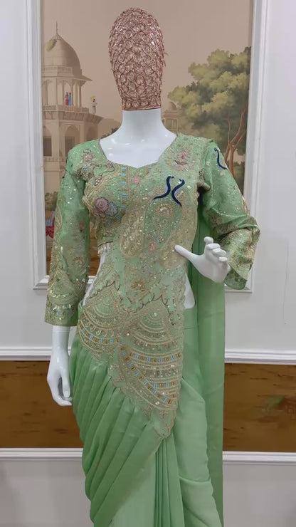 Heavy Embroidery Rangoli Silk Ready To Wear Saree With Designer Blouse