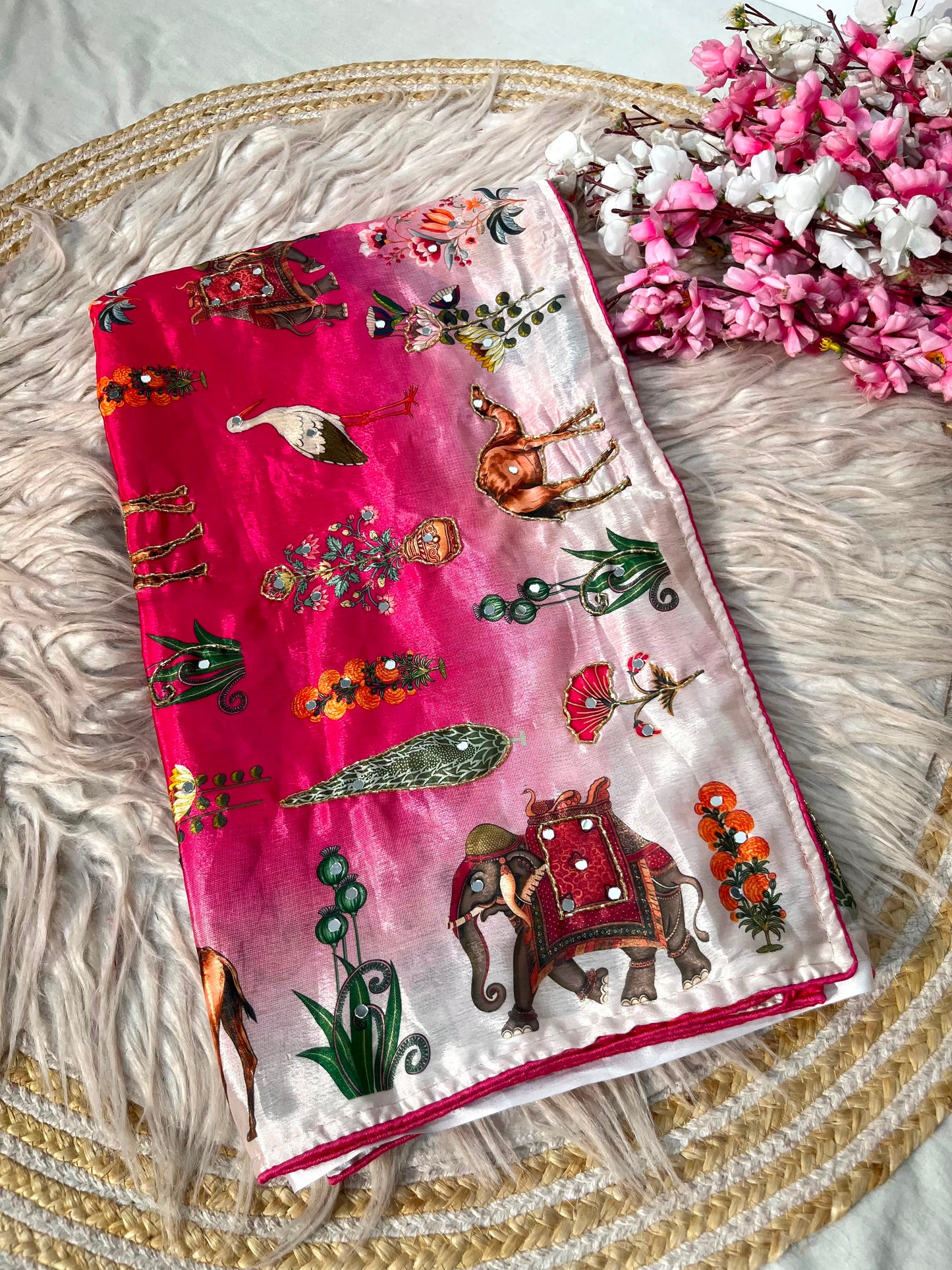 Beautiful Rajasthani Royal Look Soft Chinon Digital Saree with Mirror Work