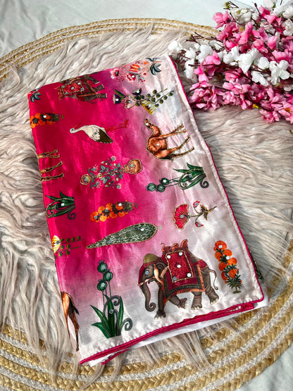 Beautiful Rajasthani Royal Look Soft Chinon Digital Saree with Mirror Work
