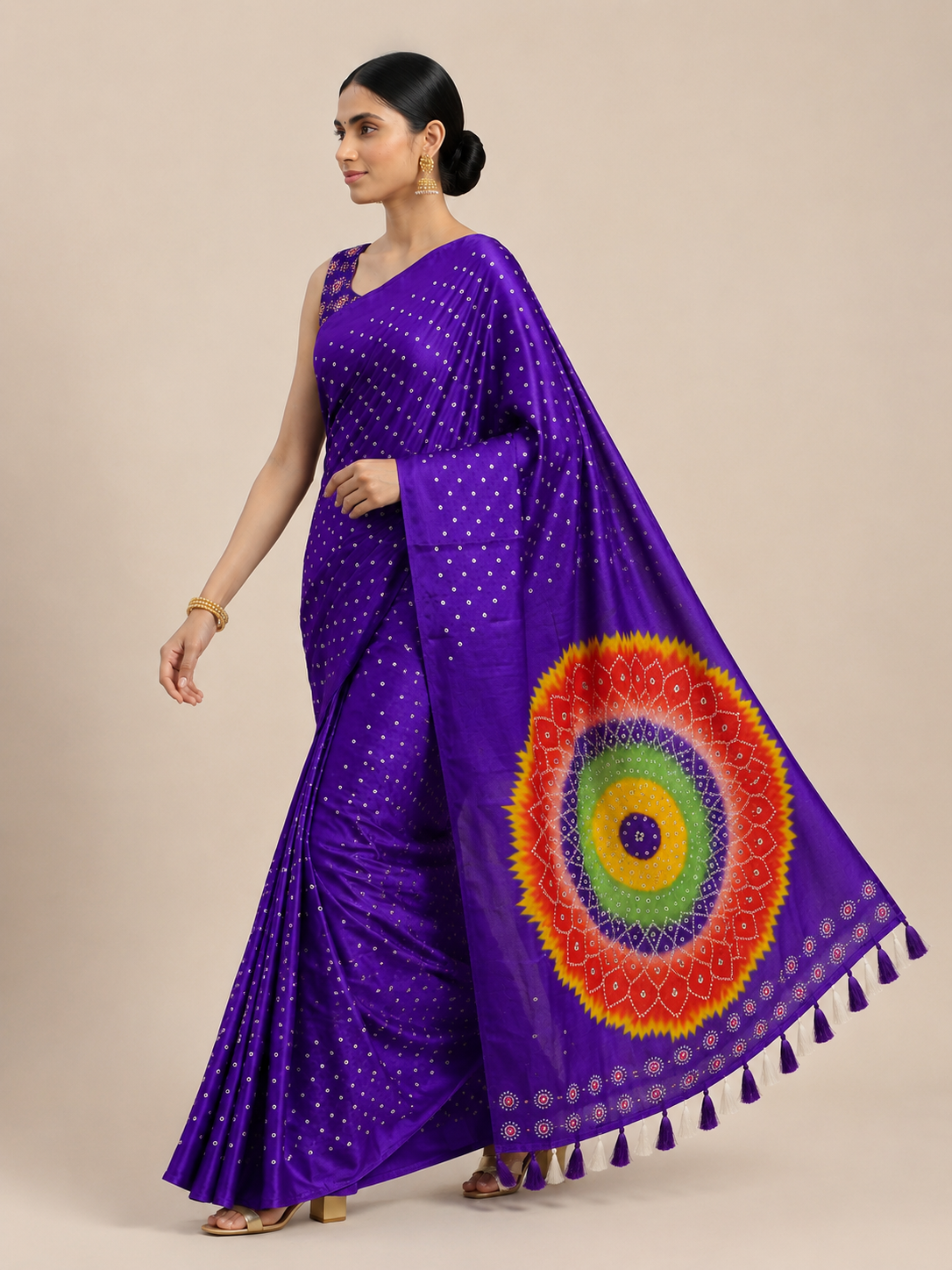 Premium Japan Satin Mirror Work Saree with Tassel Pallu