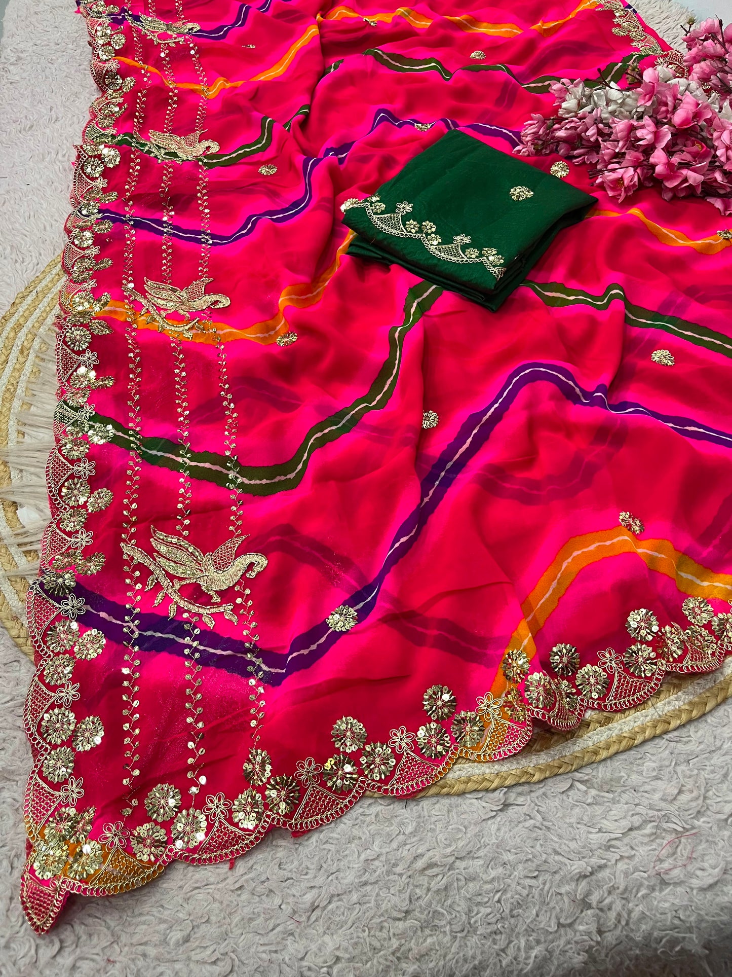 Premium Pink Organza Silk Saree with Heavy Embroidery & Mirror Work | Designer Party Wear Saree