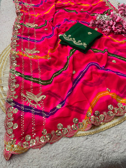 Premium Pink Organza Silk Saree with Heavy Embroidery & Mirror Work | Designer Party Wear Saree