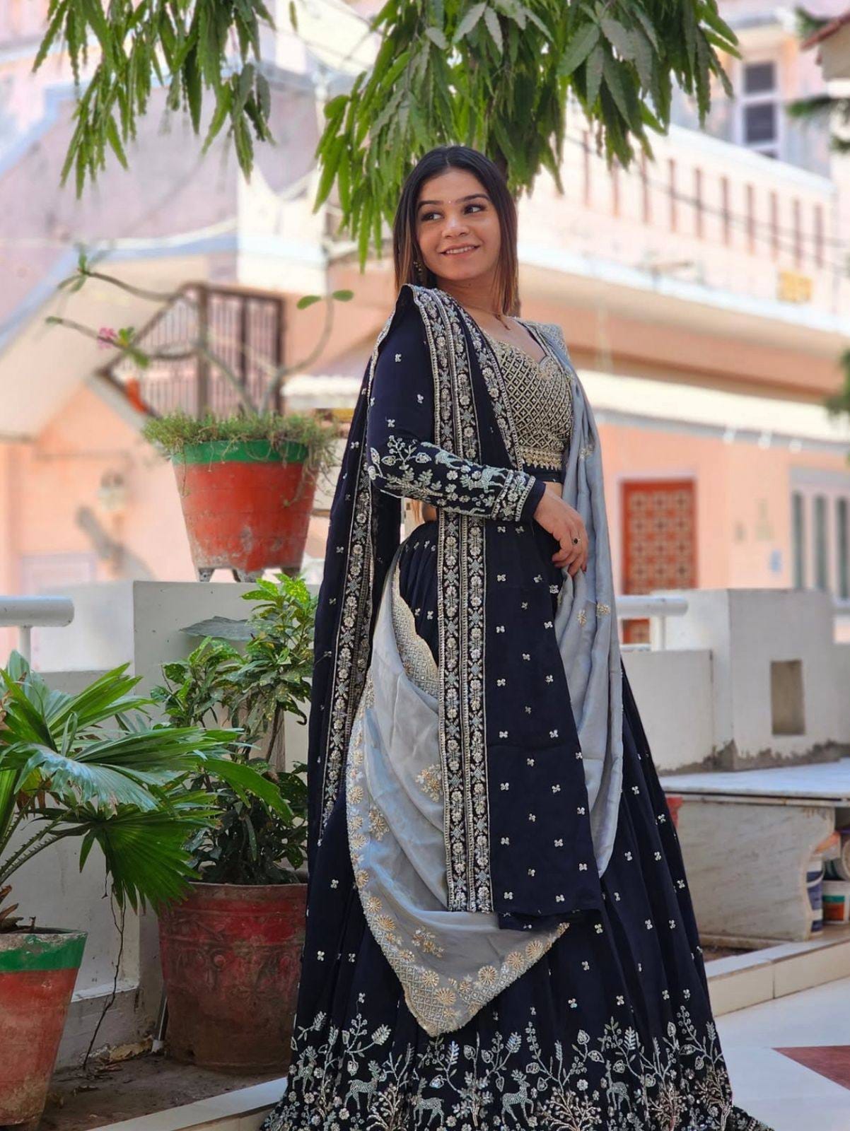 Navy Blue Embroidered Wedding Lehenga Choli with Dupatta