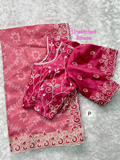 Barfi Cotton Satin Embroidered Saree with Designer Blouse