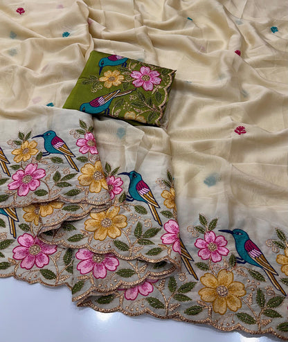 Rangoli Silk Saree with Heavy Floral Work Border & Contrast Designer Blouse