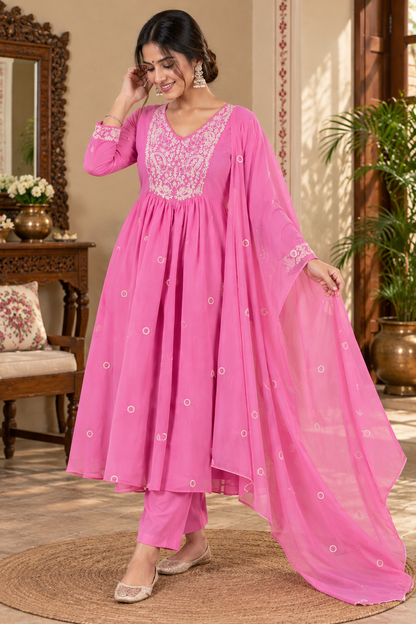 Women’s Mul Chanderi Anarkali Suit Set with Pant & Dupatta | Floral Thread Embroidery | 3 Piece Ethnic Wear