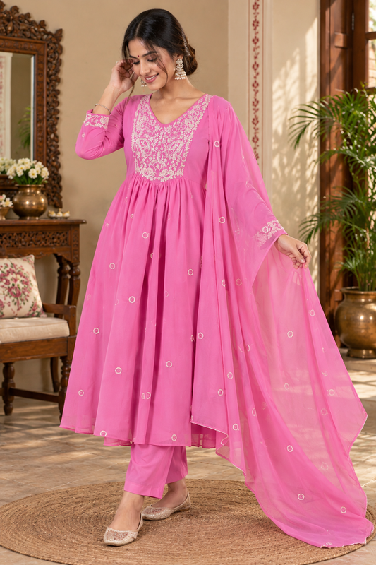 Women’s Mul Chanderi Anarkali Suit Set with Pant & Dupatta | Floral Thread Embroidery | 3 Piece Ethnic Wear