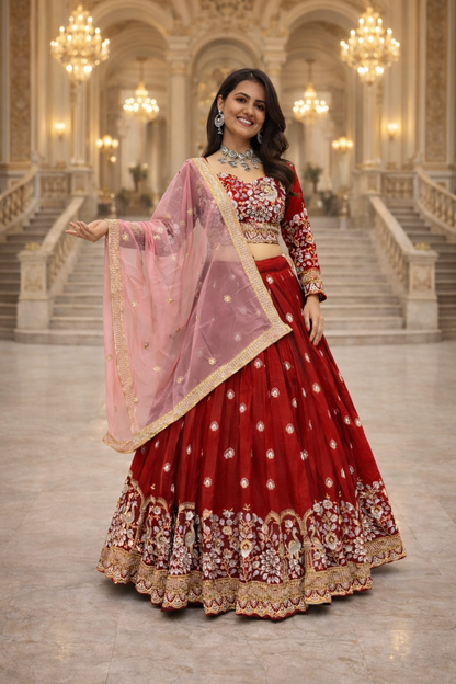 Designer Vichitra Silk Embroidered Lehenga Choli with Dupatta