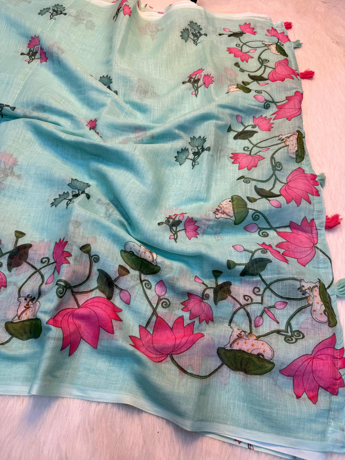 Premium Linen Cotton Floral Print Saree With Tassels & Blouse Piece | Soft Lightweight Daily Wear Saree
