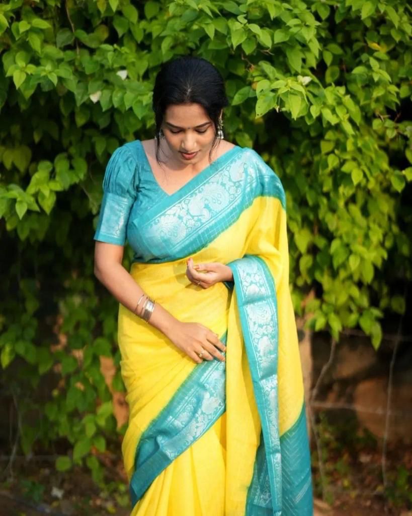 Yellow Cotton Saree with Turquoise Blue Border