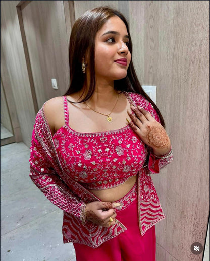 Elegant Rani Pink Embroidered Palazzo Koti Blouse Set in Chinon Silk
