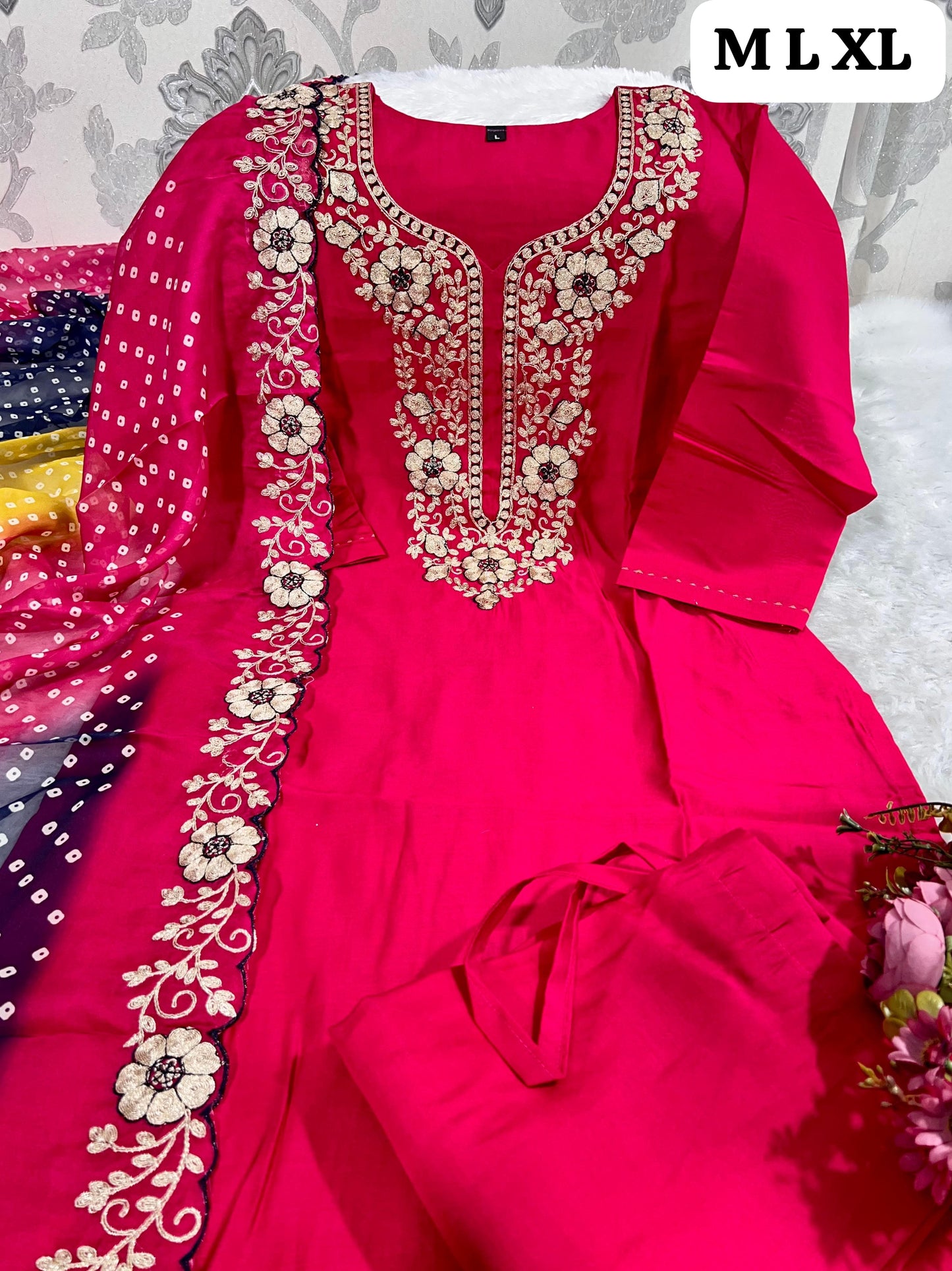 Designer Roman Silk Kurti Pant Set with Gota Patti Embroidery & Lehariya Dupatta